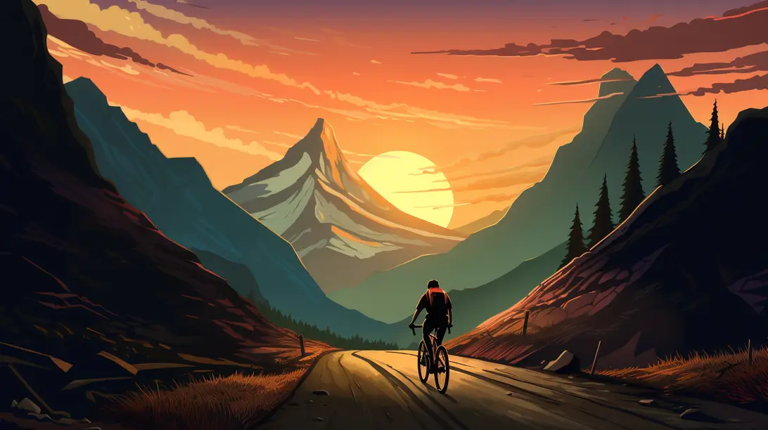 A man cycling on his bike toward a mountain.